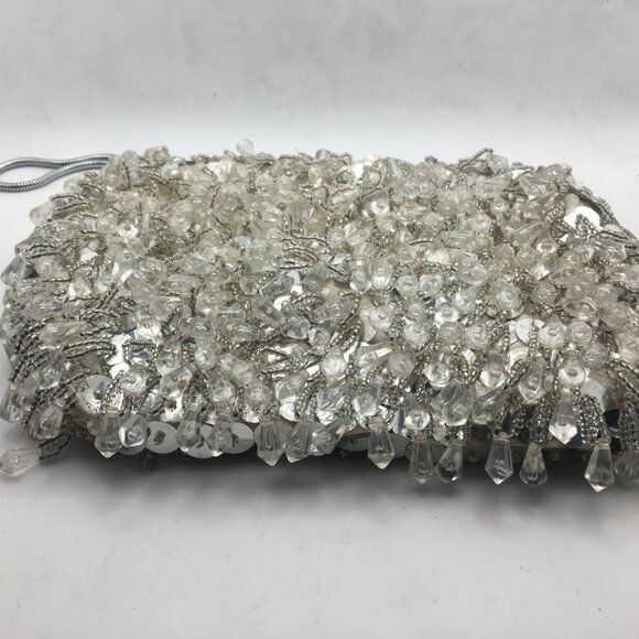 Vintage Beaded Sequin Clutch Evening Bag Wedding Snap White Made Hong Kong Purse - Picture 11 of 16